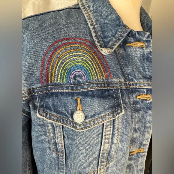 Old Navy Blue Jean Jacket with Colorful Embroidery - Picture 3 of 9